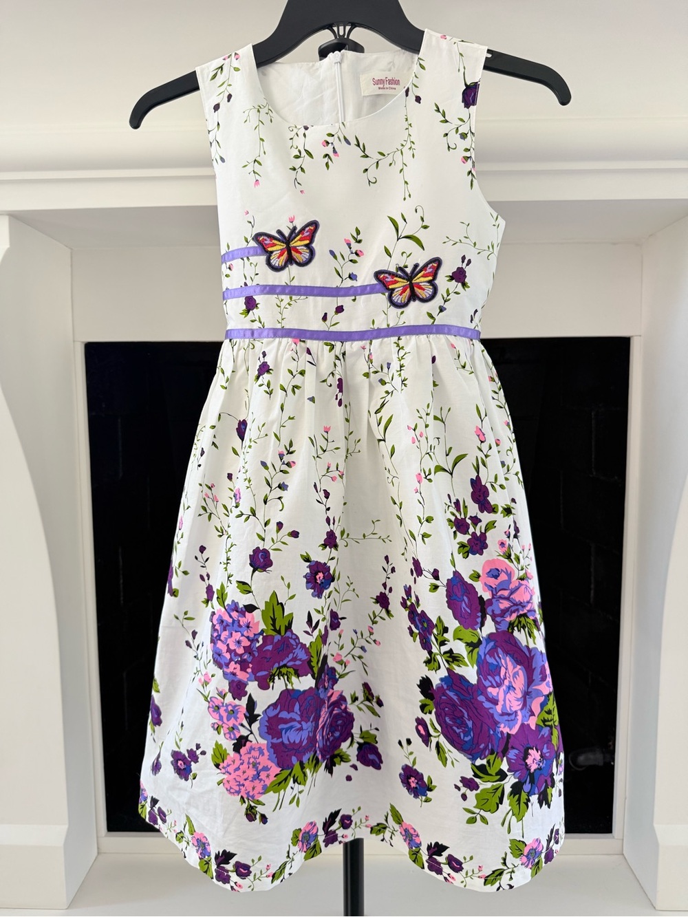 Sunny Fashion White Floral Dress with Purple & Pink Accents- Girls Size 9/10